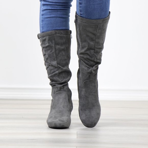 Grey Faux Suede Round Toe Low Kitten Wedge Heel Mid Calf Boots - Picture 9 of 12